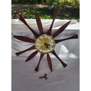 Vintage Starburst Sunburst Wall Clock w/ Wooden Spokes 1960s MCM 20" Diameter